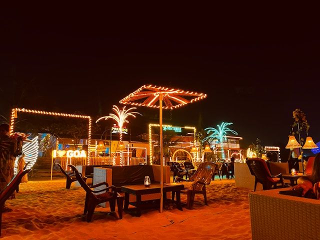 Night scene and beach shacks