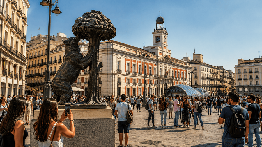 Bear and Strawberry Tree Statue and Madrid Street Life