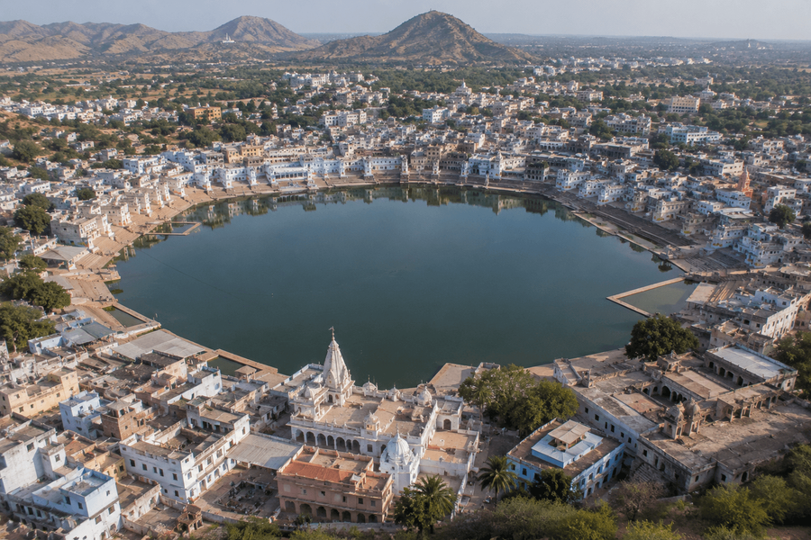 Aerial views over Pushkar Lake and town