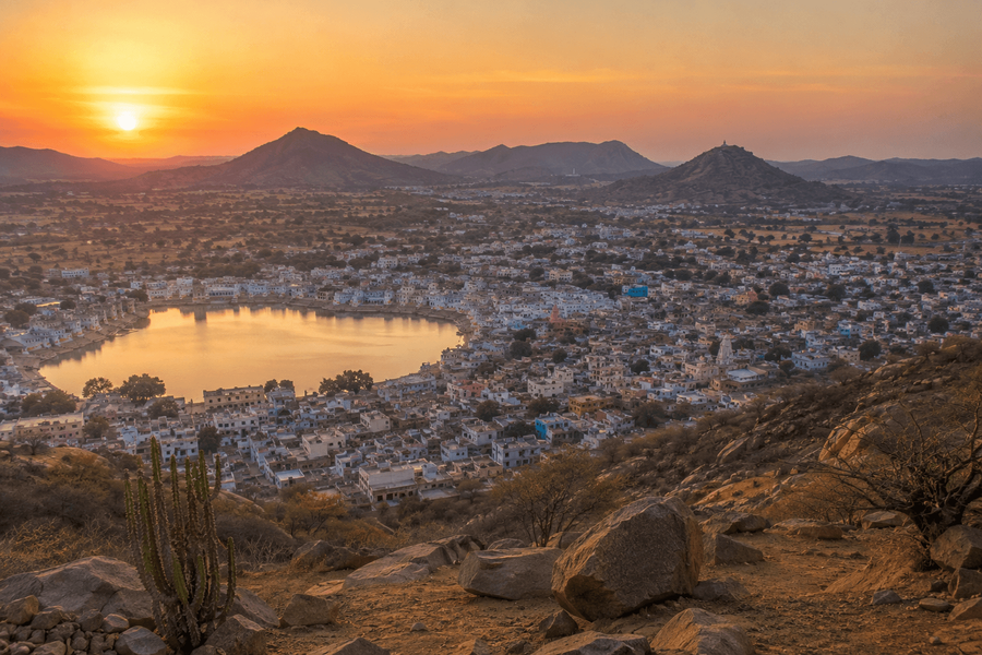 Sunset desert-and-town panorama