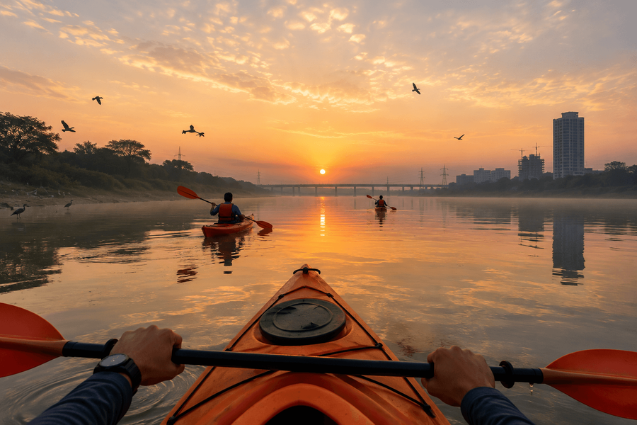 Kayak on the Yamuna at Sunrise