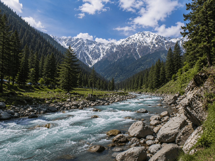 Boulder-lined river bends
