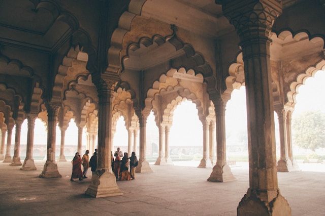 Red sandstone hallways and courtyards